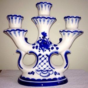 NEW Gzhel Porcelain Tri Candelabra Candlestick Handmade Signed Unique Imported